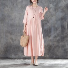 boutique linen sundress oversized Linen Round Neck Three Quarter Sleeve Pink Pleated Dress