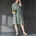 fine Midi-length cotton dress plus size clothing Lattice Summer Green Women Dress with Button