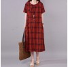 fashion natural cotton dress plus size Lattice Round Neck Short Sleeve Red Cotton Dress