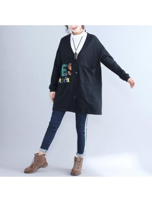 2021 fall black alphabet print cotton coat plus size v neck hooded cardigans outwear