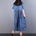 fashion long linen dresses oversize Loose Lacing Ramie Short Sleeve Blue Pleated Dress