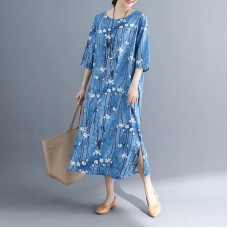 2019 floral long cotton dresses plus size Batwing Sleeve long cotton dresses Elegant o neck cotton dress