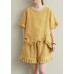 Literary yellow suit lace lace irregular round neck short sleeve shorts two-piece suit