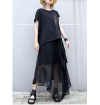 Style black chiffon quilting skirts asymmetric hem Traveling summer skirt