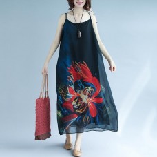 fashion black chiffon holiday dress Spaghetti Strap floor length dress print summer dress