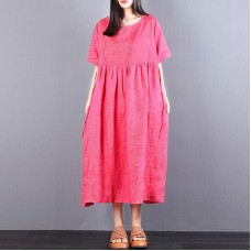 vintage linen caftans trendy plus size Loose Lacing Ramie Short Sleeve Red Pleated Dress