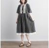 vintage linen cotton dress plus size Lacing Short Sleeve Plaid Pockets Retro Casual Gray Dress