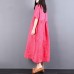 vintage linen caftans trendy plus size Loose Lacing Ramie Short Sleeve Red Pleated Dress