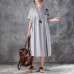 baggy natural cotton dress  stylish Loose Short Sleeve Round Neck Gray Pleated Dress