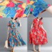 fashion blue long cotton linen dress oversized print Cinched dresses Fine drawstring v neck cotton linen dress