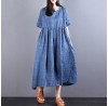 fashion long linen dresses oversize Loose Lacing Ramie Short Sleeve Blue Pleated Dress